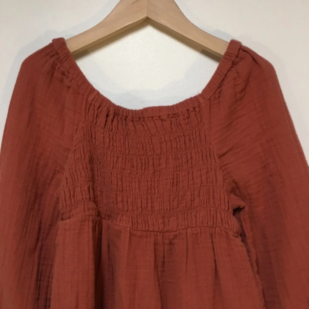 Old Navy Babydoll Dress Kids Size M 8 Molten Copper Smocked Long Sleeve Gauze